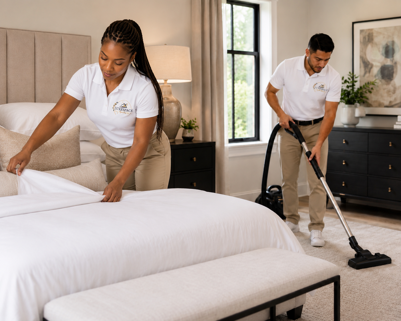 LuxeSpace team cleaning a bedroom with precision and care